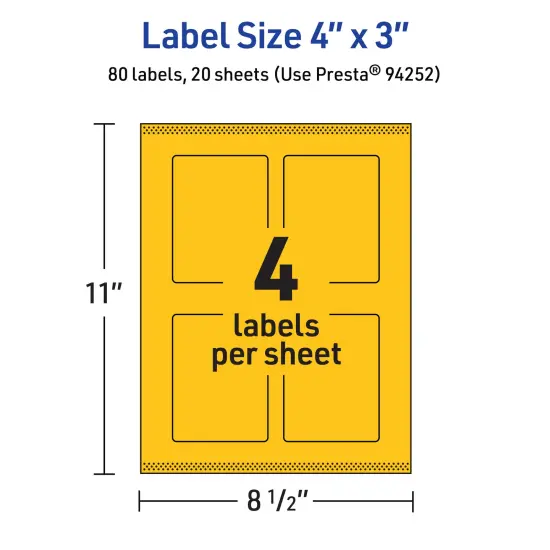 Avery Bright Yellow Paper Labels, 4" x 3" Rectangle {5}