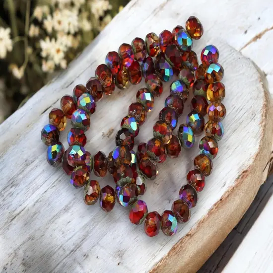 *25* 6x8mm Antique Silver Washed Ruby Sunset Fire Polished Rondelle Beads {1}