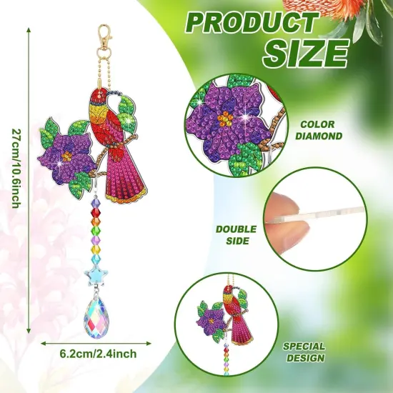6 Pcs Diamond Art Kits Birds Diamond Wind Chimes Kit Diamond Art Suncatchers Double Sided Flower Ornaments with Crystal Pendant for Adults DIY Spring Summer Home Garden Hanging Ornament {3}