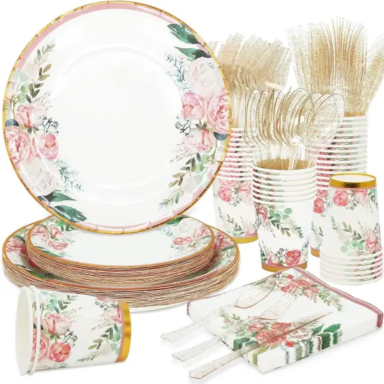 Tableware Set Party Supplies - Bridal Shower Paper Plates & Napkins Set for 24 Guests - Disposable Dinnerware: Plates, Cups, Cutlery for Baby Shower, Tea Party {1}