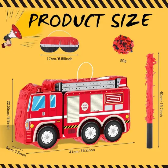 Fire Truck Pi&ntilde;ata with Hanging Loop Blindfold Bat and Confetti Filler for Kids Boys Firefighter Firetruck Theme Birthday Party Decorations Supplies {2}