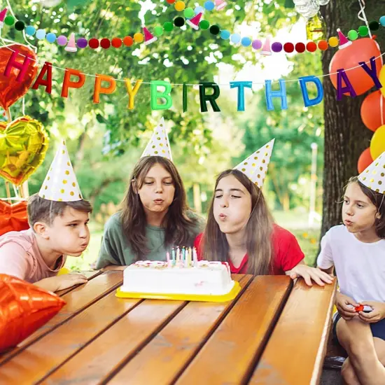 2 Pcs 118 Inch Pre-Strung Happy Birthday Banner Felt Reusable Rainbow Fabric Ball Garland Handmade Colorful Felt Letters Balls for Party Decor {3}