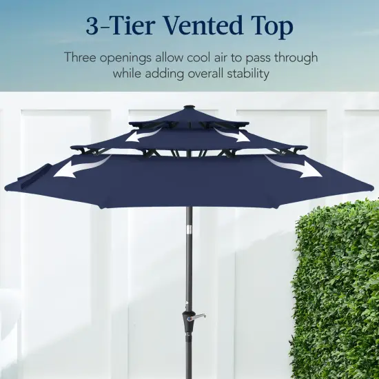Best Choice Products 10ft 3-Tier Patio Umbrella, Market Sun Shade w/ Tilt Adjustment, Easy Crank Navy Blue {3}
