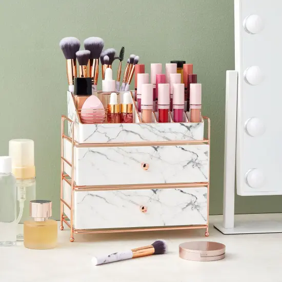 White Marble Makeup Organizer with Rose Gold Trim, Cosmetic Storage Drawers for Vanity (9.5 x 9.5 x 5.5 in) {3}