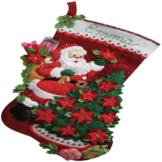Bucilla Felt Stocking Applique Kit 18" Long-Santa Poinsettia Tree {1}