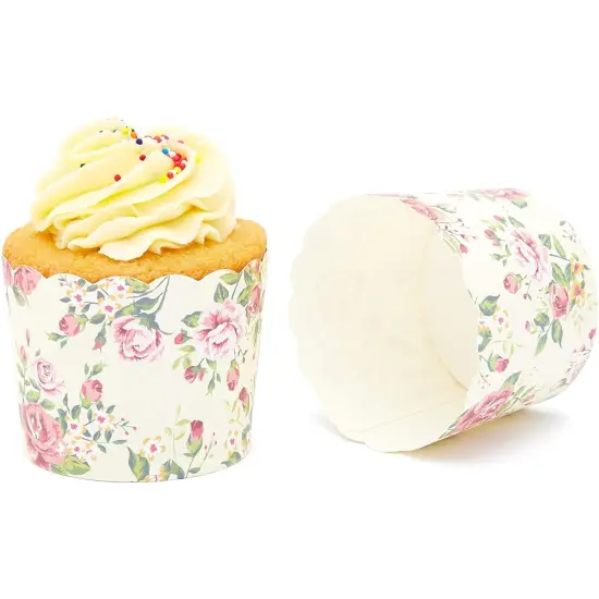 50-Pack Vintage Style Floral Cupcake Wrappers for Wedding, Flower Paper Baking Cups and Muffin Liners for Tea Parties, Bridal Showers, Baby Showers & Garden Parties- 2.25 x 2.75 In Yellow {5}