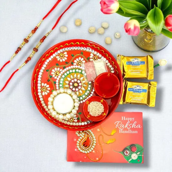 Rakhi Gift Hamper Rakhi for Brother Gift Set - Rakhi Set of 1 with Puja Thali Roli Chawal Candle Holder Sweets Greeting Card - Raksha Bandhan Bracelet Rakhi for Bhai {2}