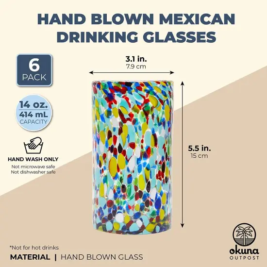 6-Pack Hand Blown Mexican Glassware, Confetti Rock Glasses for Whiskey, Juice, Beverages, Beer, Cocktails, Heavy Duty and Reusable (Colorful Design, 14 oz Capacity) Multicolor {4}