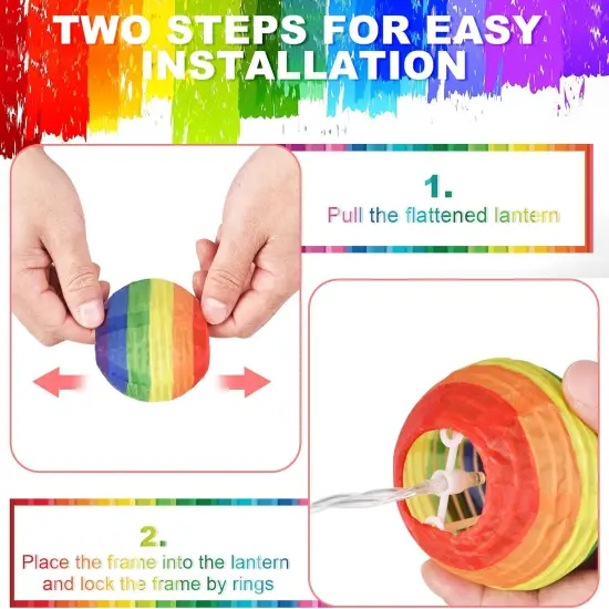 Pride Decorations Rainbow Lantern Pride Lights Gay Pride Nylon Lantern 9.4Ft Battery Operated Ball Rainbow Lights 10 Count Lantern String Lights Pride Decor for Pride Month, Room, Yard, Party {3}