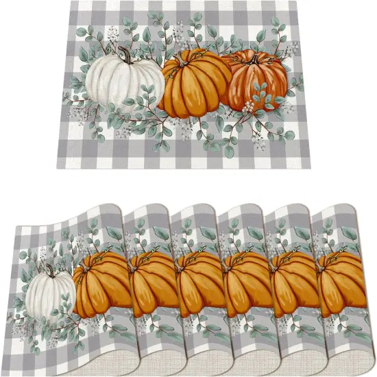 12x18 Inch Pumpkin Eucalyptus Leaf Maple Leaf Fall Placemats Set of 6(black) {1}