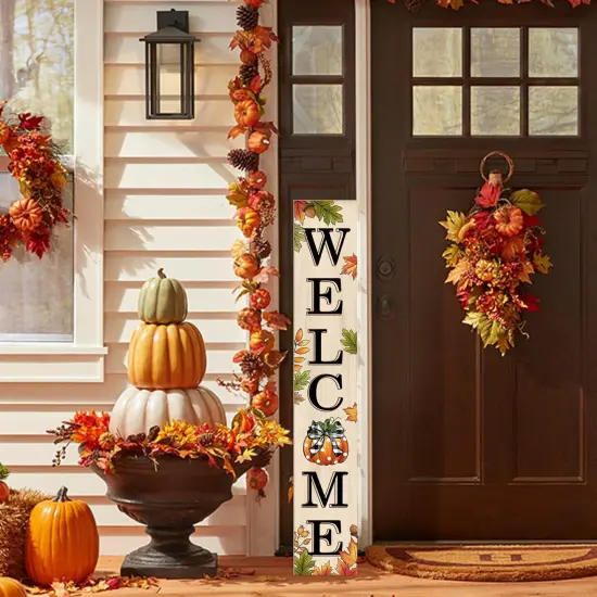 Welcome Sign 47 inch Autumn Pumpkin Vertical Wooden Porch Sign Front Door(White) {3}