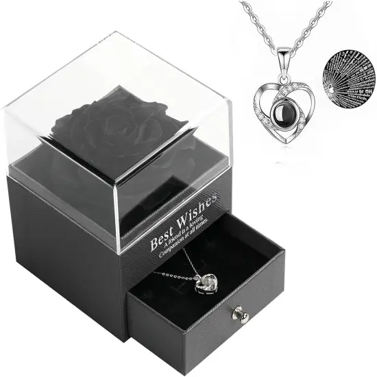 Preserved Real Rose with Heart Necklace I Love You in 100 Languages(Black) {1}