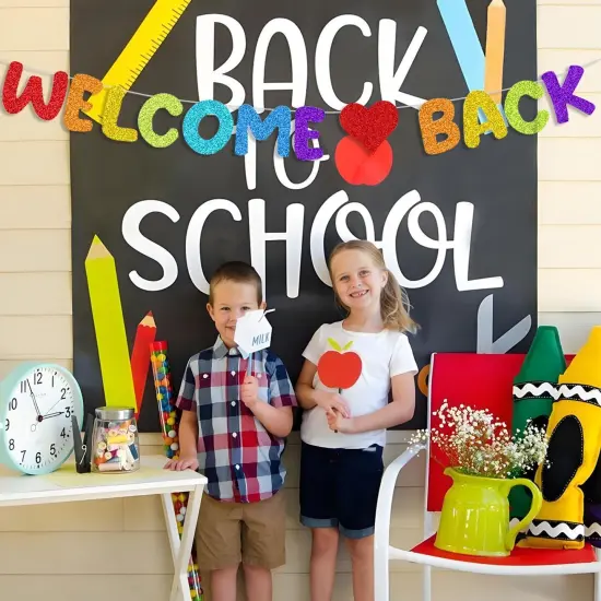 Colorful Glitter Welcome Back Banner for First Day of School Decorations {3}