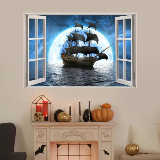 3D Pirate Ship Fake Windows Wall Sticker - 23.6"x17.3" {3}
