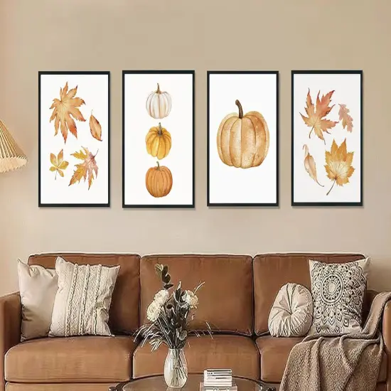 Fall Pumpkin Maple Leaf Wall Art Prints Set of 4 - Simple Vintage Pumpkin {4}