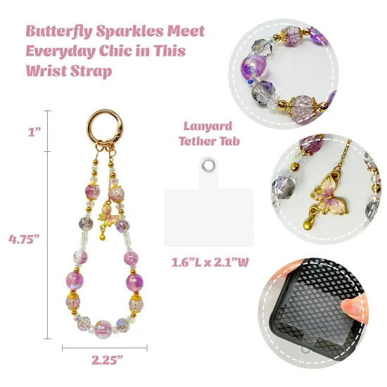 Wrapables Sparkling Beaded Cell Phone Wrist Strap, Keychain, Bag Charm with Lanyard Tether Tab, Purple Butterfly {2}