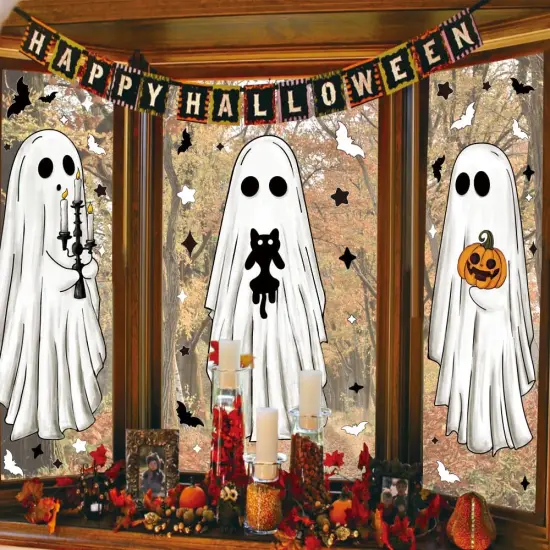 3 Sheets Halloween Large Ghosts Window Clings,Bats Black Cat Spooky Pumpkin {5}