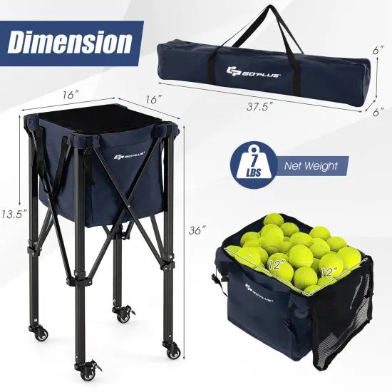 Foldable Lightweight Tennis Ball Teaching Cart with Removable Bag and Lockable Wheels Blue {5}