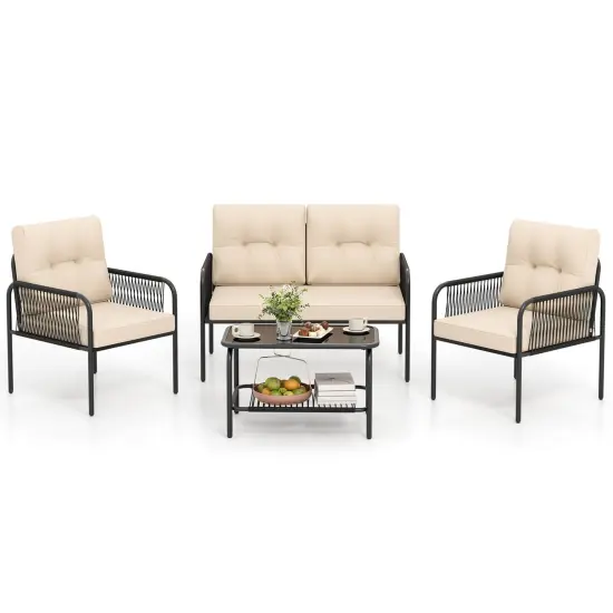 Costway 4 PCS Patio Furniture Set with Loveseat Tempered Glass Coffee Table & Soft Cushions {2}