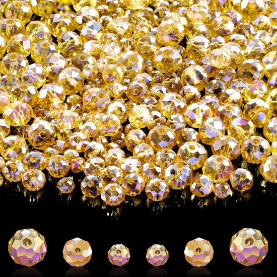 600 Pcs Crystal Glass Beads for Jewelry Making Bulk Faceted Gemstone Rondelle Loose Beads for Bracelet DIY Crafts 8 mm, 6 mm, 4 mm(Champagne Gold) {1}