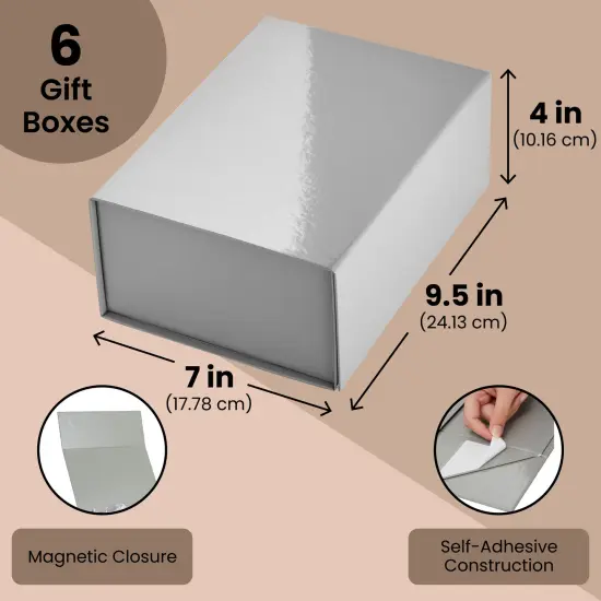 6 Pack Magnetic Gift Boxes with Lids, 9.5 x 7 x 4 Inches for Birthday, Wedding, Groomsman and Bridesmaid Proposal Box (Gray) {4}