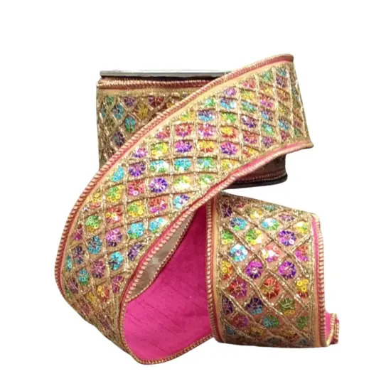 2.5" Dupion Multi Sequin Diamond Ribbon:Bright Pink (10 Yards) {1}