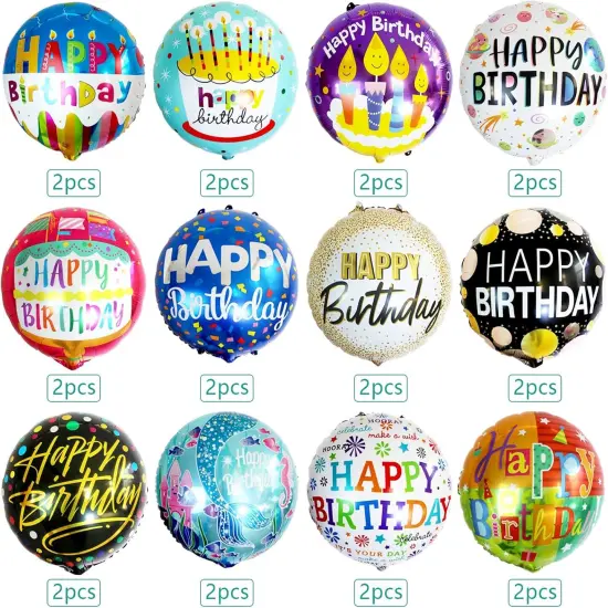 24 Pcs Happy Birthday Foil Balloons 18 inch Round Helium Floating Mylar Balloon Inflatable Balloons for Birthday Party Decorations Supplies,12 Patterns {3}