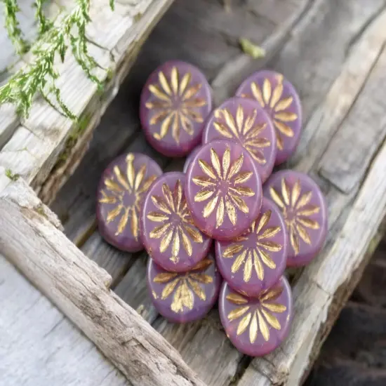 *15* 12mm Gold Washed Pink Opaline Aster Flower Coin Beads {4}