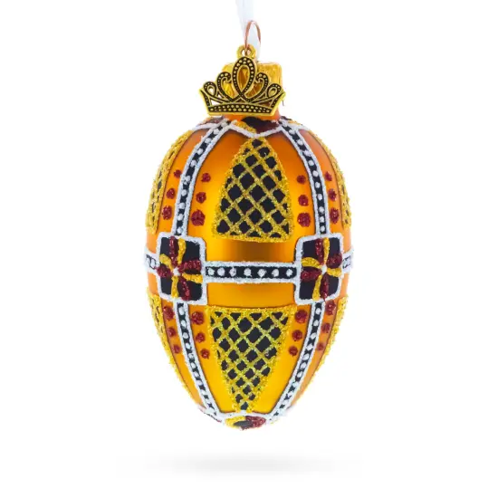 Amber with Red, Black, and Gold Geometric Pattern Mini Glass Egg Ornament 2.9 Inches {1}