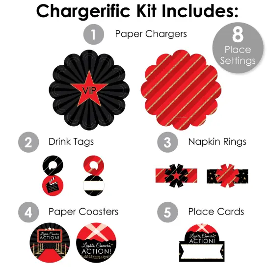 Big Dot of Happiness Red Carpet - Movie Night Party Paper Charger and Table Decorations - Chargerific Kit - Place Setting for 8 {4}