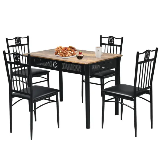 5 Pieces Dining Set Wood Metal Table and 4 Chairs with Cushions Beige {8}