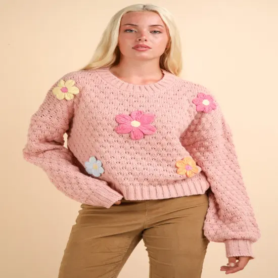 Hand Made Flower Applique Oversized Knit Sweater Top BLUSH {2}