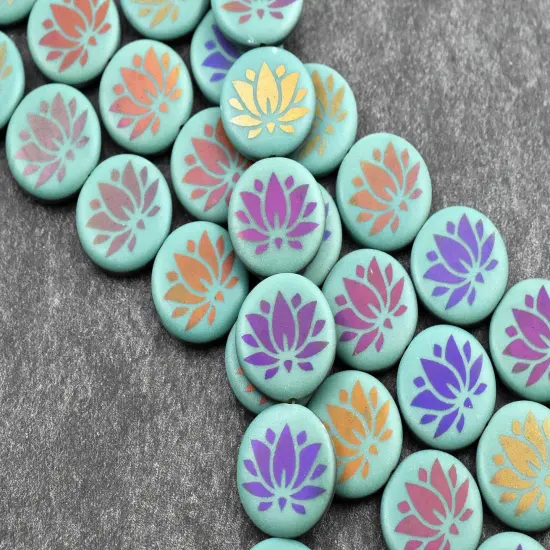 *8* 17mm Opaque Turquoise Sliperit Lotus Flower Laser Tattoo Coin Beads {2}