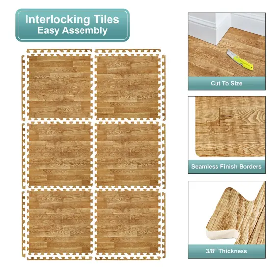 Sorbus 96 Sq. Ft. Wood Grain Floor Tiles, 24 Interlocking EVA Foam Mats, Thick Floor Mats w/ Borders for Home Gym, Playroom, and More Pine {6}