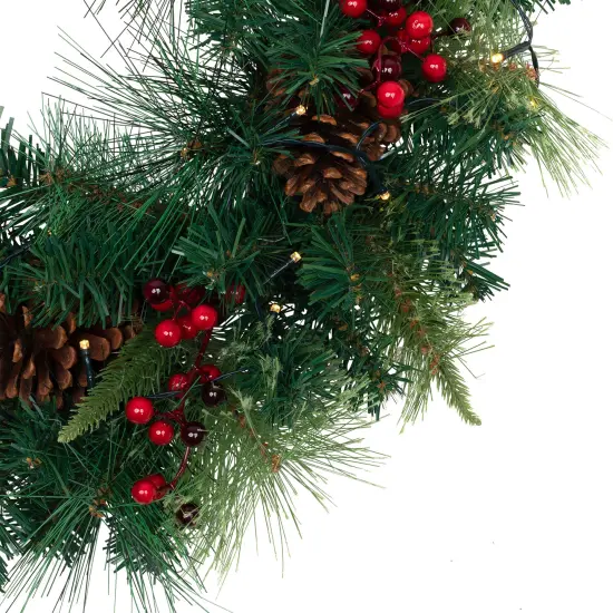 Northlight Pre-Lit Battery Operated Mixed Pine and Berries Christmas Wreath - 24" - Warm White LED Lights Green {4}