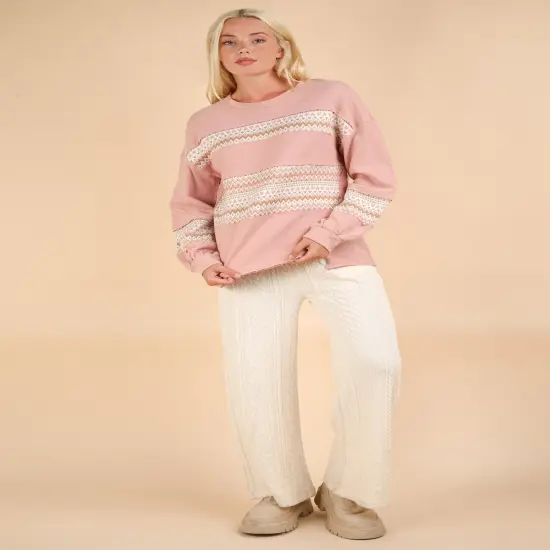 Oversized Printed Knit Contrast Knit Top BLUSH {1}