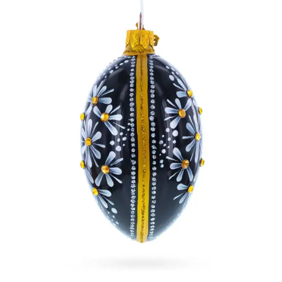 Daisy Motif with Golden Accents and Crystals Glass Egg Ornament 4 Inches {4}