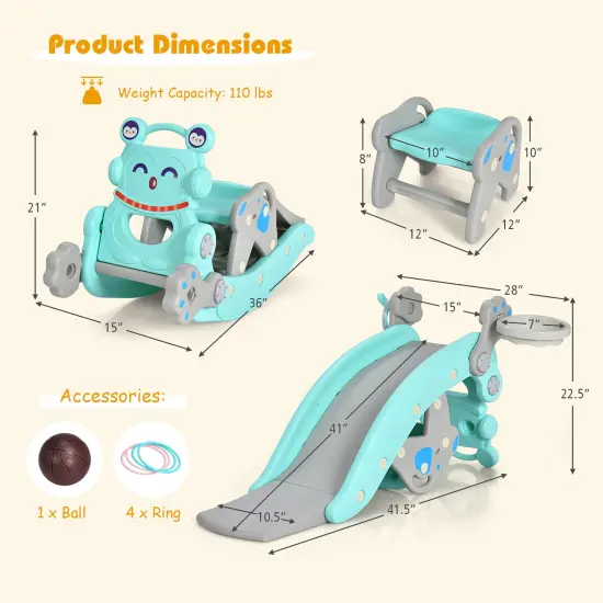 Costway 4-in-1 Rocking Horse & Slide Set Toddler Slide Toy with Basketball Hoop Blue/Pink {2}