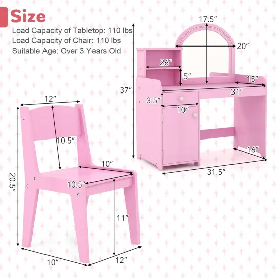 Costway Kid Vanity Table Chair Set 2-Color LED Lights Large Drawer Shelf Cabinet White/Pink {3}