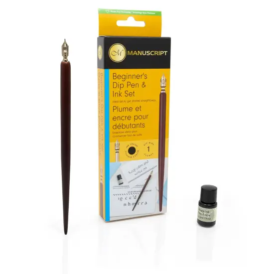 Manuscript Beginner's Dip Pen & Ink Set-Round Hand W/Holder & Black Ink {4}
