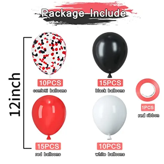 50 Pack 12 Inch Red and Black Latex Balloons - Black, White, and Red Confetti Balloons with Ribbons for Birthday, Graduation, Wedding, Bridal Shower, and Party Decorations {6}