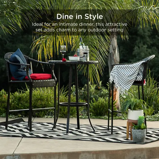 Best Choice Products 3-Piece Outdoor Wicker Bistro Bar Height Set for Patio, Garden w/ Barstools, Steel Frame Brown/Red {6}