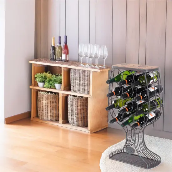 Freestanding Floor Wine Rack with Wooden and Metal Goblet Design - Holds 12 Bottles and Includes Wine Cork Holder - Stylish Bar Organizer for Home, Kitchen, Dining Area and Living Room D&eacute;cor {2}