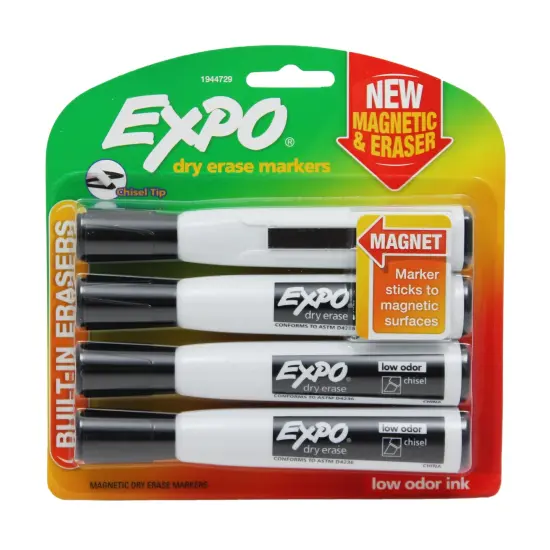 Magnetic Dry Erase Markers with Eraser, Chisel Tip, Black, 4-Count {1}