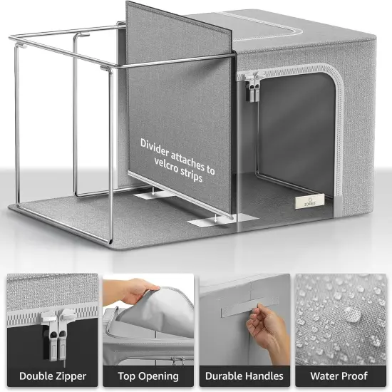 Sorbus Large Storage Bin with Divided Interior - Stackable & Foldable Organizer Containers with Metal Frame, Window, & Handles 1 Pack Gray {2}