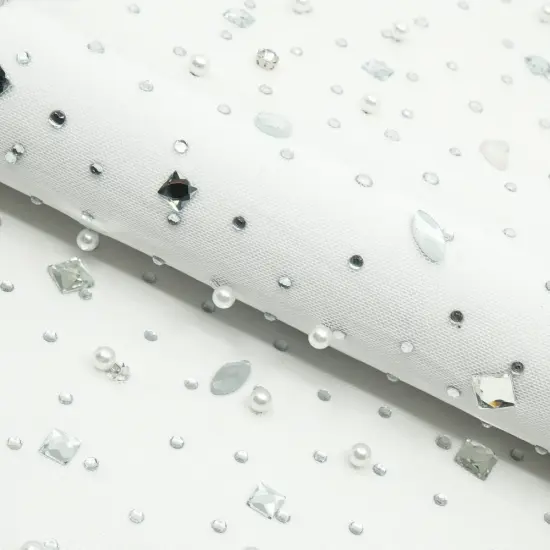 1 Yard Brilliance Beaded with Rhinestone Stretch Mesh Fabric 36" x 65/66" Silver {1}