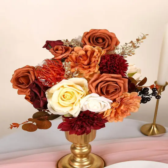 Artificial Flowers Orange Burgundy Combo Box Set {5}