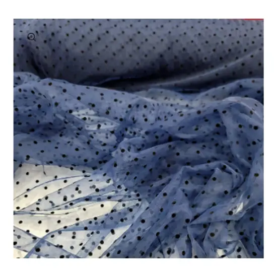 Navy Blue Tulle Mesh Fabric Black Velvet Polka dot For Dress {6}