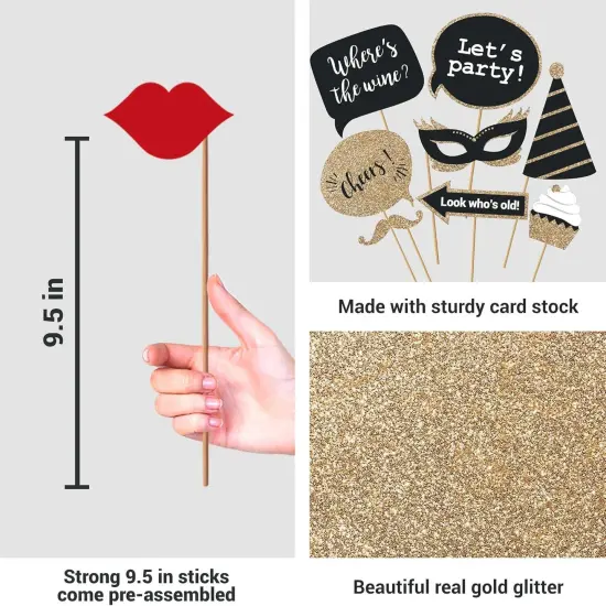 Fully Assembled Birthday Photo Booth Props. 30 Piece Box Set of Black & Gold Selfie Party Supplies and Decorations Kit with Real Glitter - Cute Bday Designs for Women - Did We Mention No DIY {3}