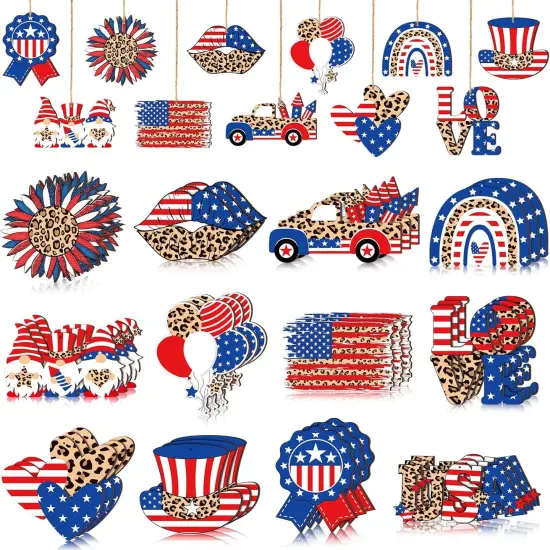 36 Pcs Patriotic Hanging Ornaments for Tree 4th of July Wood Decor Labor Day Independence Wooden Ornaments with Ropes Star USA Flag Gnome Red White and Blue Decorations Memorial Day(Leopard) {1}